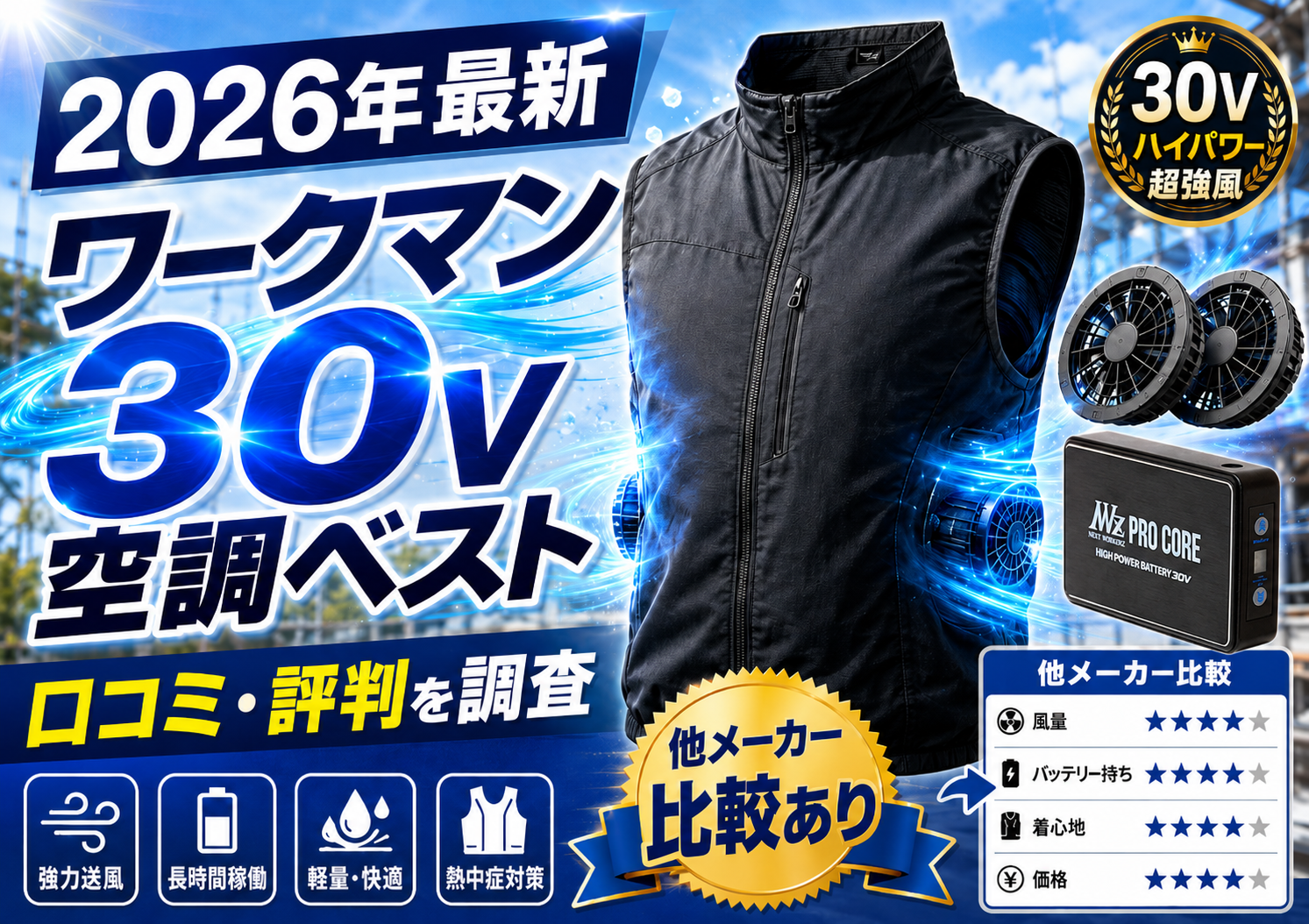 2026年最新ワークマン30V空調服ベストの口コミや評判は？他メーカーとも徹底比較のブログ用アイキャッチ画像